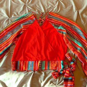 Serape sleeved faux wrap red cropped top